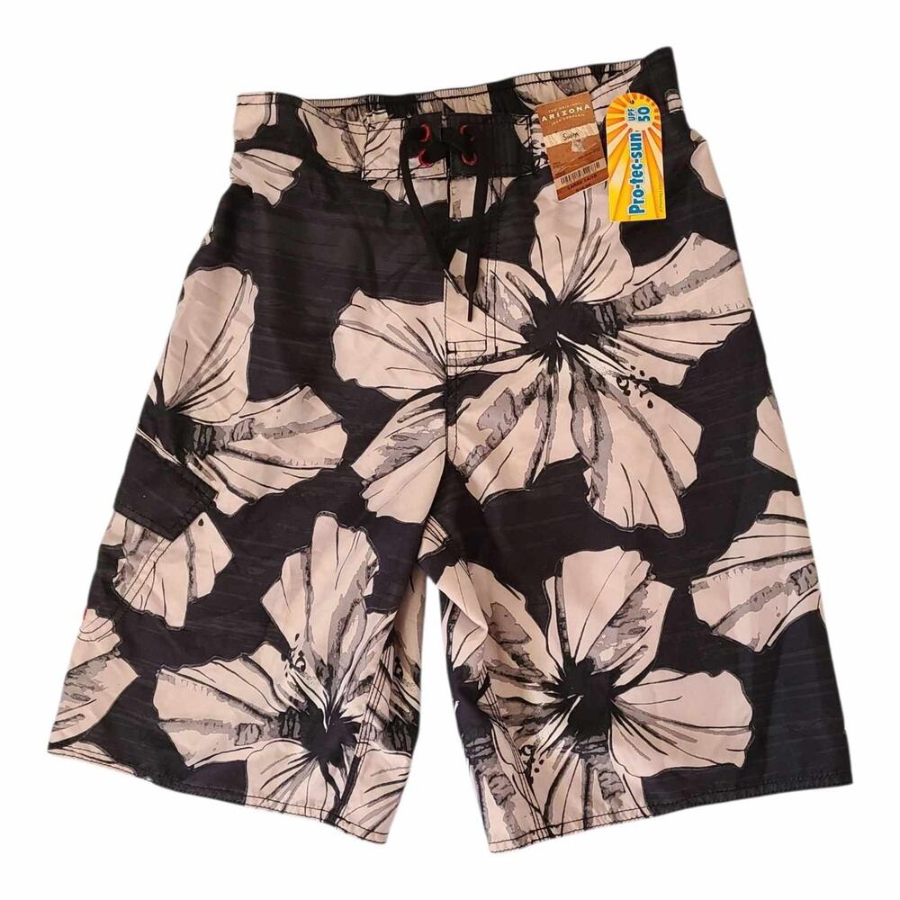 Arizona Swim Shorts boys large 14/16 Swimming Trunks Grey White Floral Hawaiian